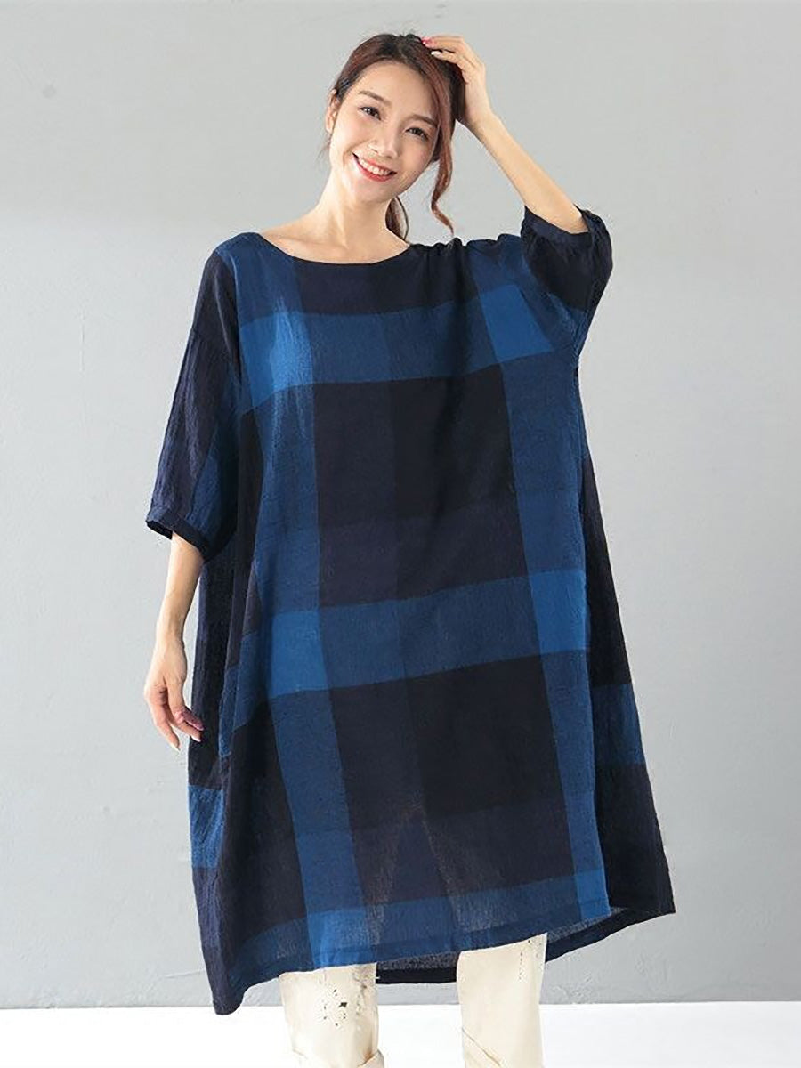 Plus Size Damen Literatur Gitter Lose Ellenbogen Ärmel Dunkelblau Kleid