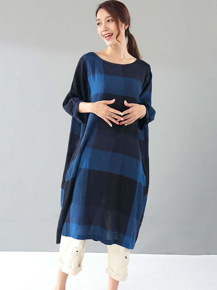 Plus Size Damen Literatur Gitter Lose Ellenbogen Ärmel Dunkelblau Kleid