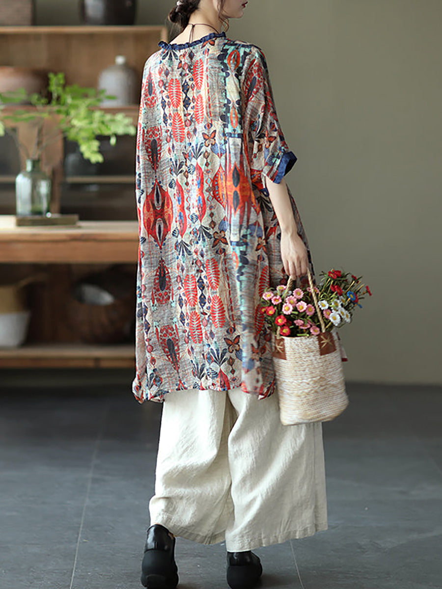 Übergröße - Ramie Floral Vintage Damen Print Freizeithemd
