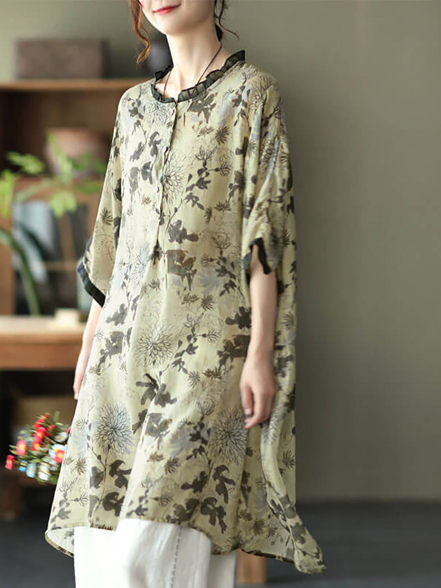 Übergröße - Ramie Floral Vintage Damen Print Freizeithemd