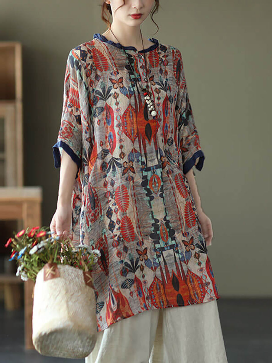 Übergröße - Ramie Floral Vintage Damen Print Freizeithemd