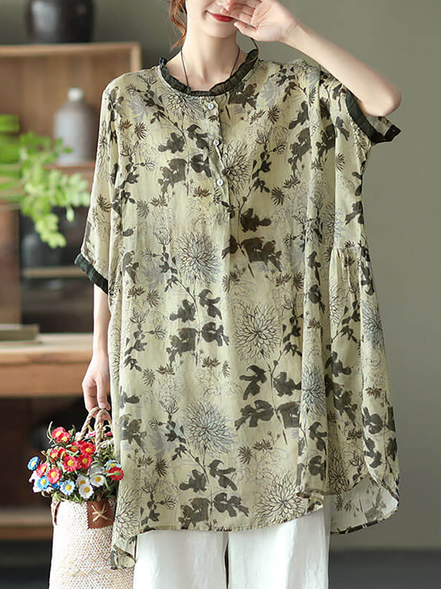 Übergröße - Ramie Floral Vintage Damen Print Freizeithemd