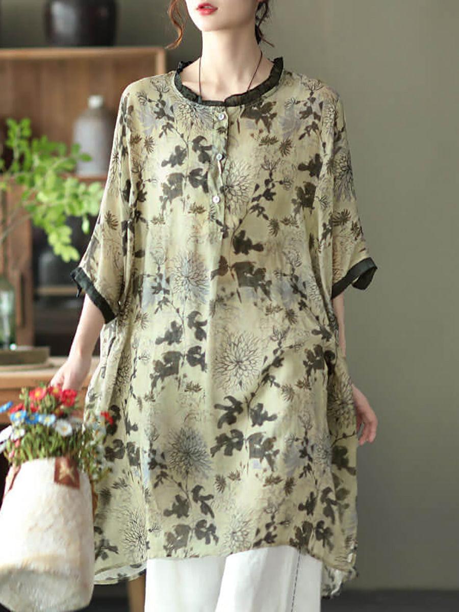 Übergröße - Ramie Floral Vintage Damen Print Freizeithemd
