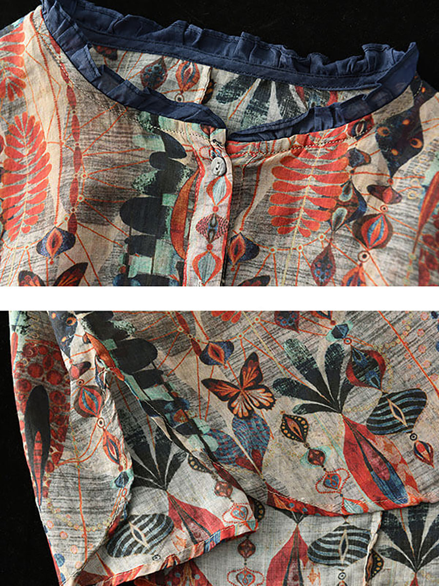 Übergröße - Ramie Floral Vintage Damen Print Freizeithemd