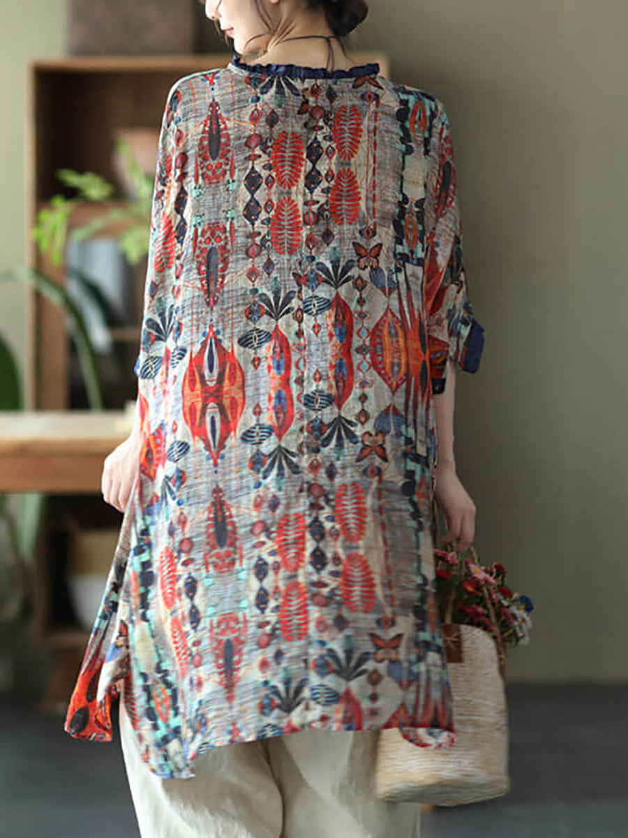 Übergröße - Ramie Floral Vintage Damen Print Freizeithemd