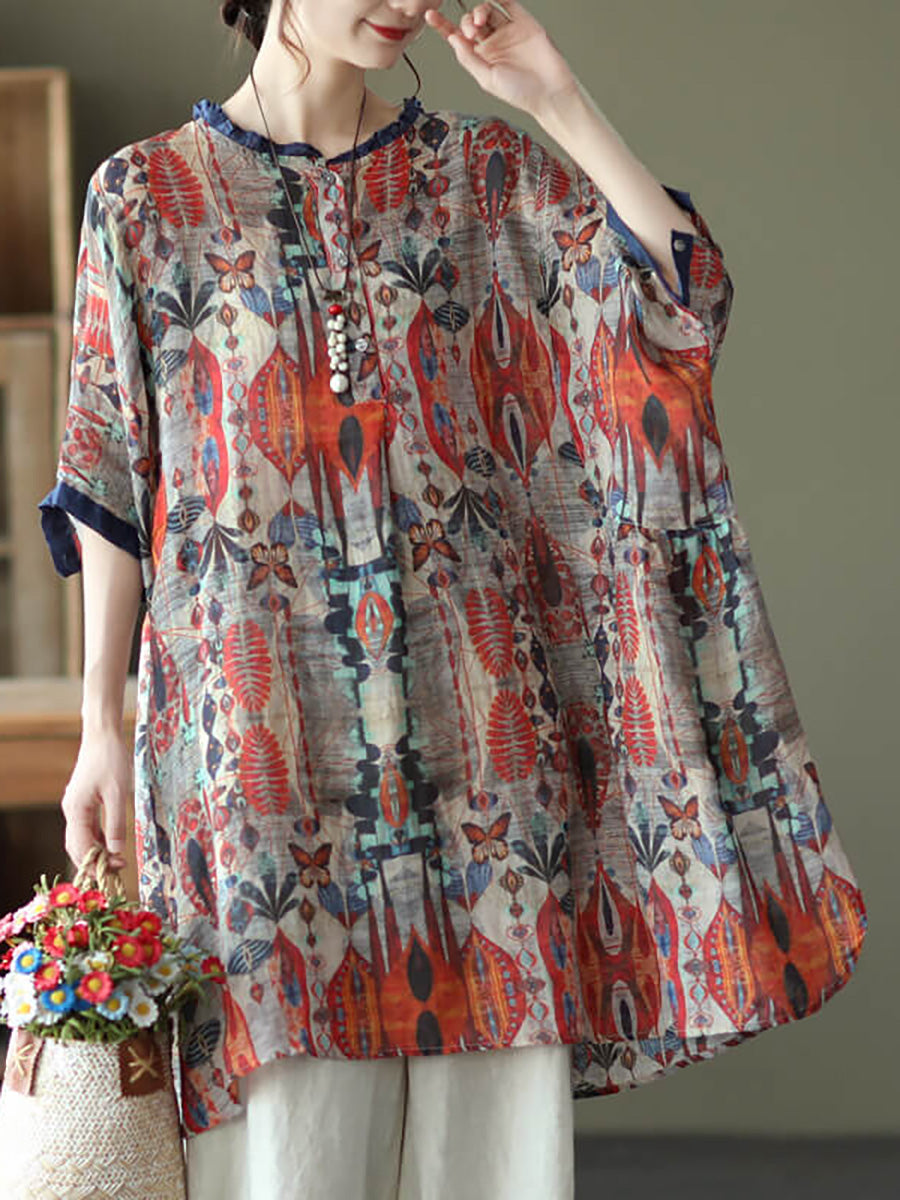 Übergröße - Ramie Floral Vintage Damen Print Freizeithemd