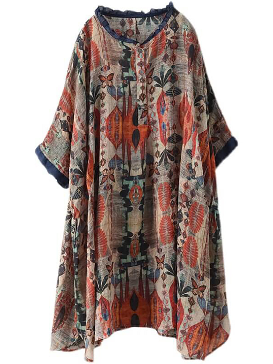 Übergröße - Ramie Floral Vintage Damen Print Freizeithemd