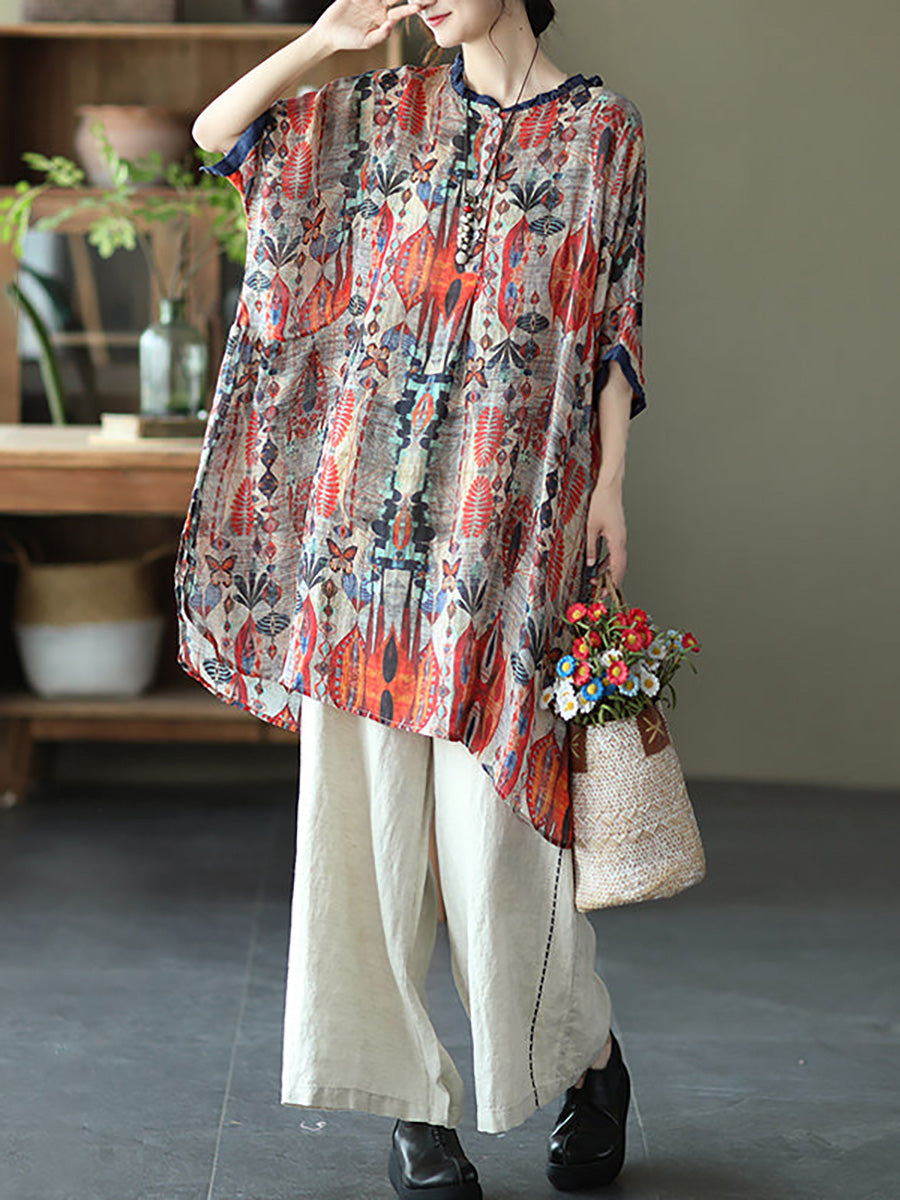 Übergröße - Ramie Floral Vintage Damen Print Freizeithemd