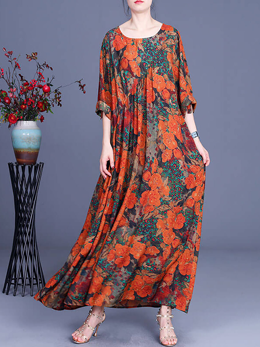 Übergröße Damen Blumen Unregelmäßig Lässiges Vintage Maxikleid