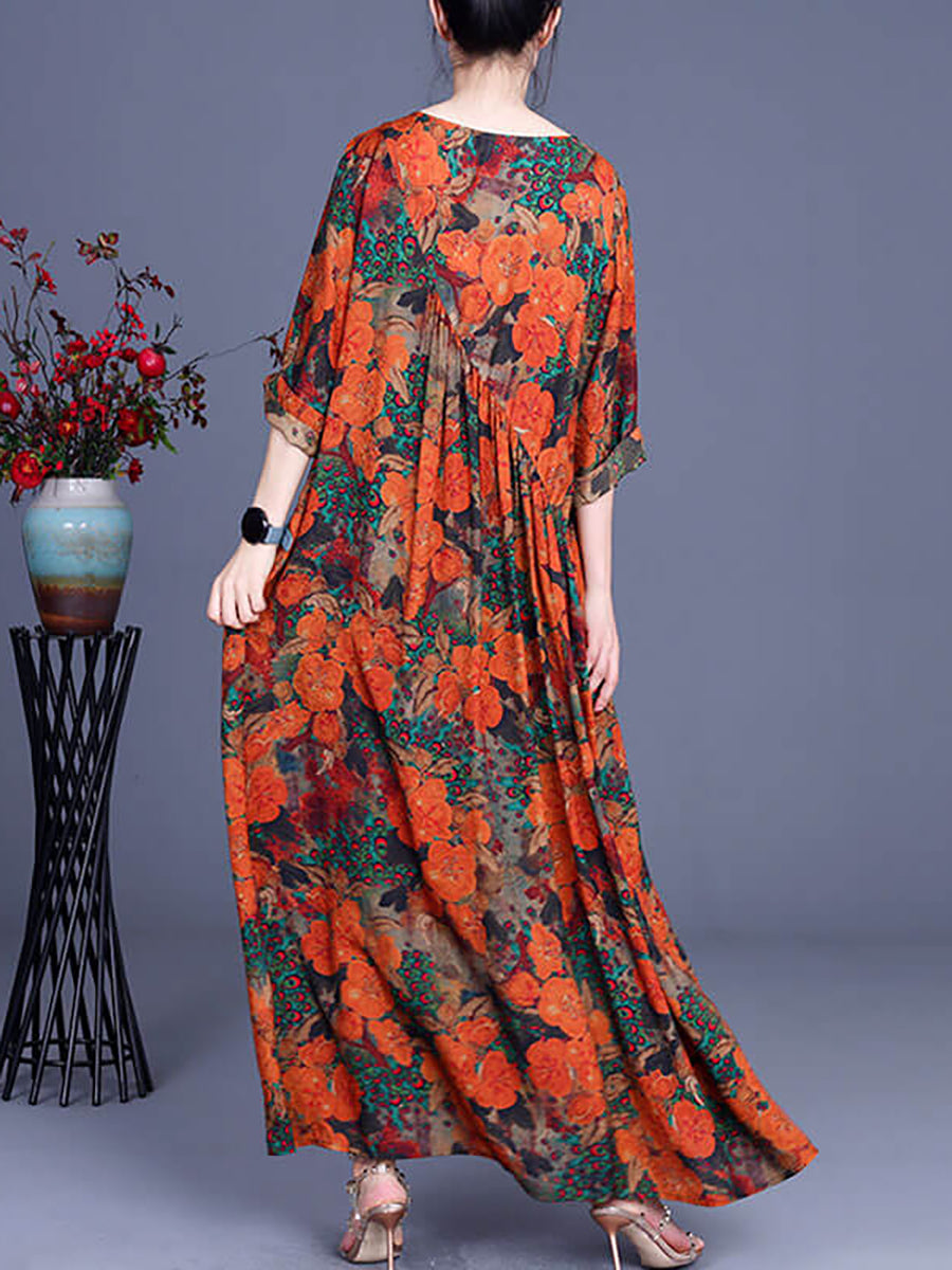 Übergröße Damen Blumen Unregelmäßig Lässiges Vintage Maxikleid