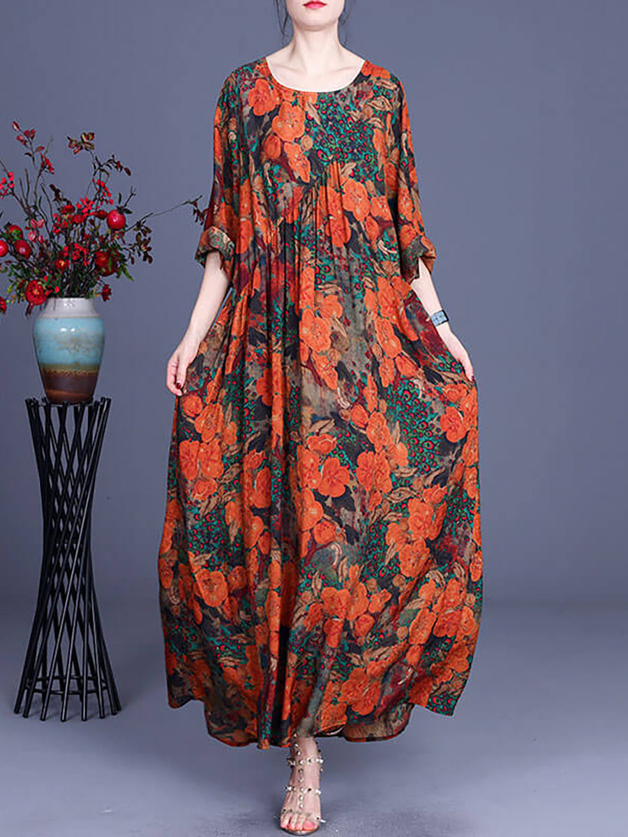 Übergröße Damen Blumen Unregelmäßig Lässiges Vintage Maxikleid