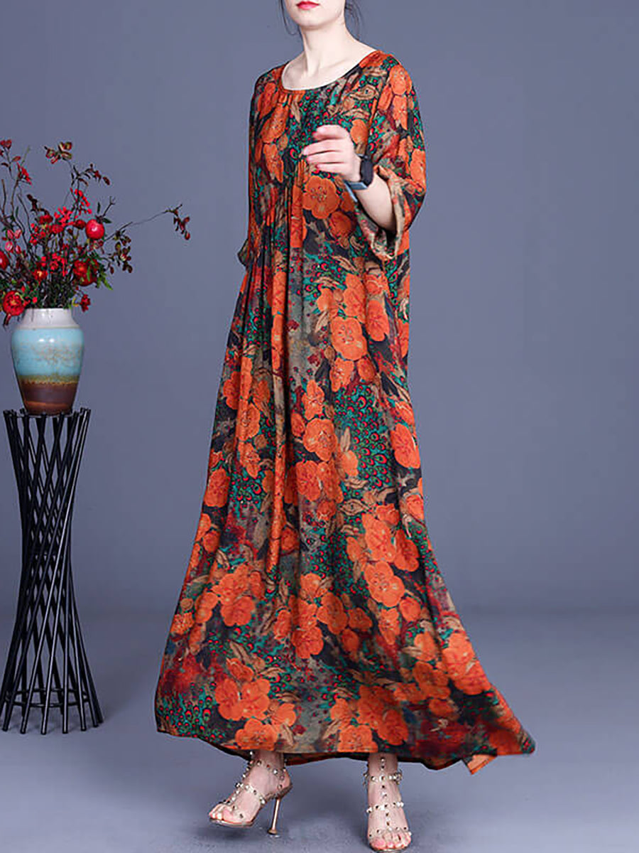 Übergröße Damen Blumen Unregelmäßig Lässiges Vintage Maxikleid