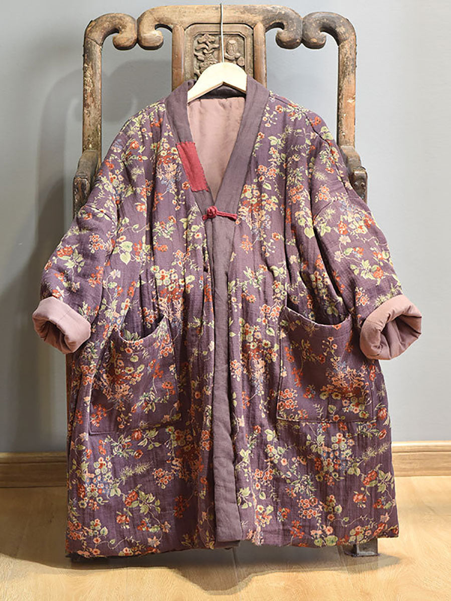 Übergröße - Lockerer, warmer Retro-Mantel mit Blumenmuster und Taschen