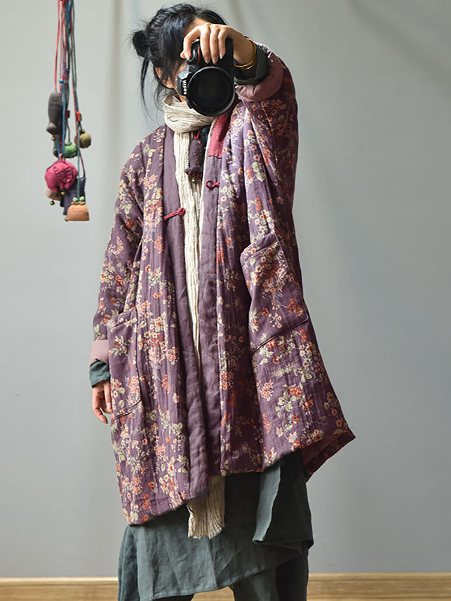 Übergröße - Lockerer, warmer Retro-Mantel mit Blumenmuster und Taschen