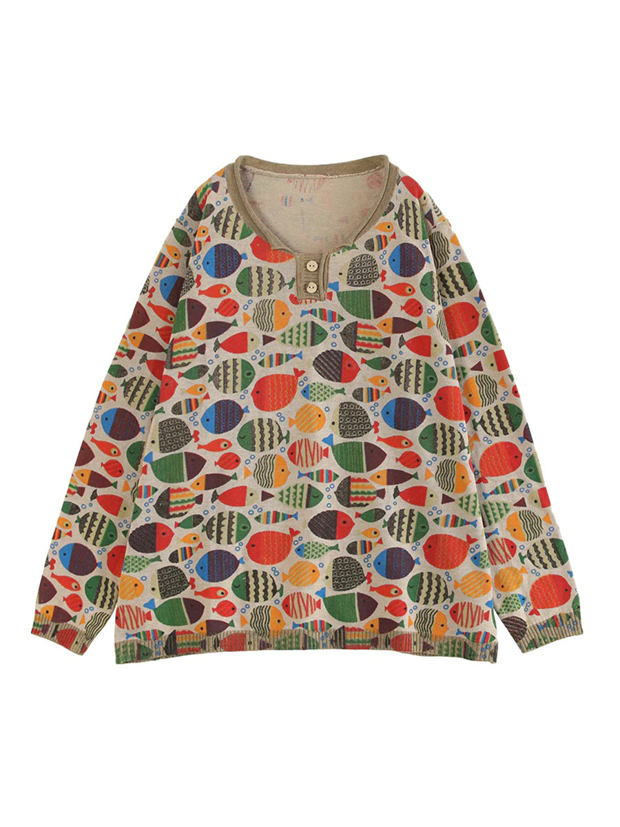 Strick-T-Shirt mit Rundhalsausschnitt und Fisch-Print in Übergröße