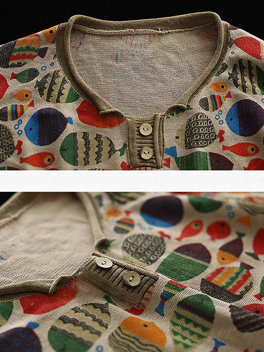 Strick-T-Shirt mit Rundhalsausschnitt und Fisch-Print in Übergröße