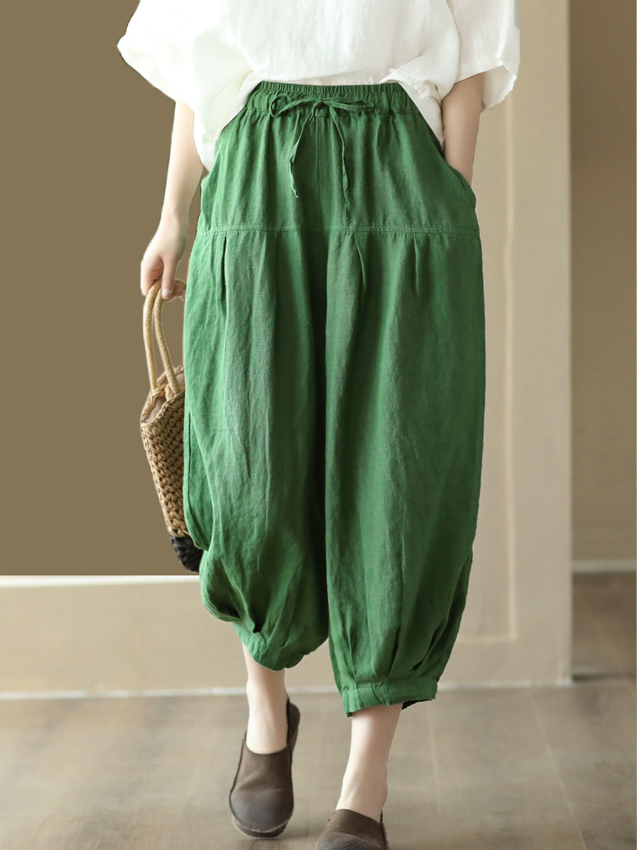 Plus Size Damen Sommer Einfarbige Haremshose mit Taschenfalten und Kordelzug