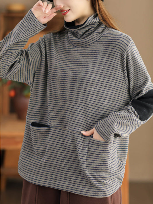 Lässiges Rollkragen-Sweatshirt mit Streifen für Damen in Übergröße