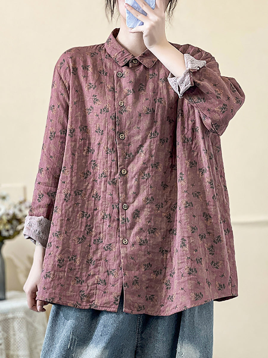 Plus Size Damen Frühling Vintage Blumenhemd mit Schrägverschluss