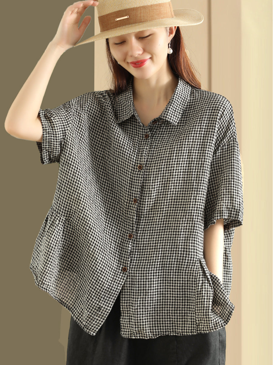 Plus Size Damen Sommer Casual Plaid Button Cardigan Leinenhemd