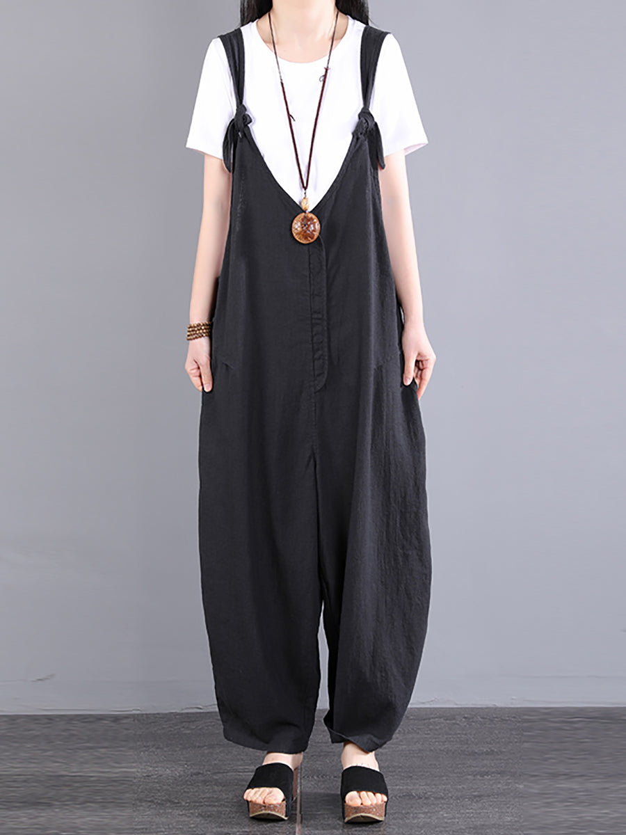 Übergröße Damen Vintage Knoten V-Ausschnitt Ramie Loose Jumpsuits