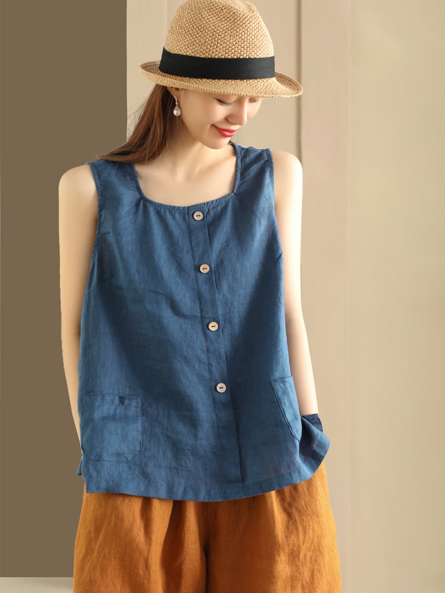 Plus Size Damen Sommer Weste mit loser Knopfleiste und Tasche aus 100% Leinen