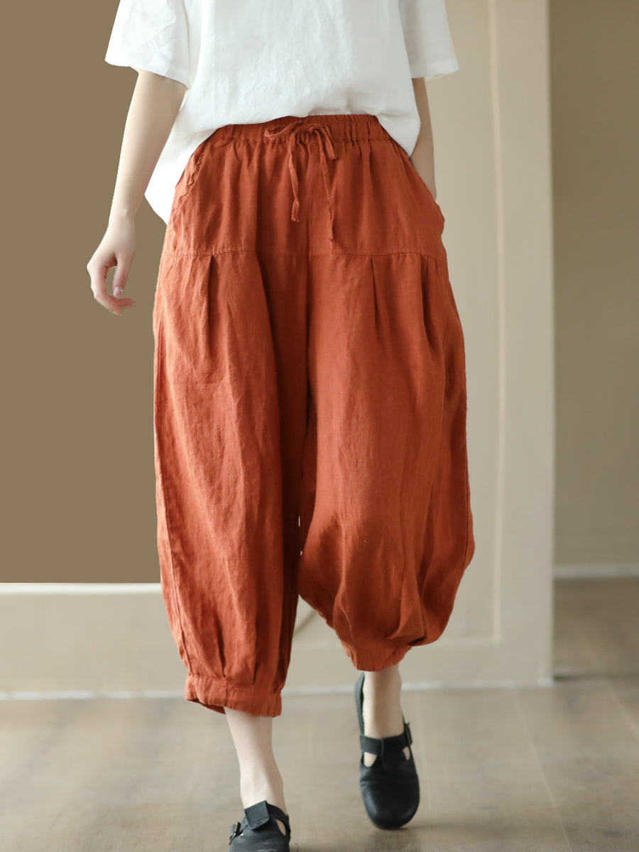 Plus Size Damen Sommer Einfarbige Haremshose mit Taschenfalten und Kordelzug