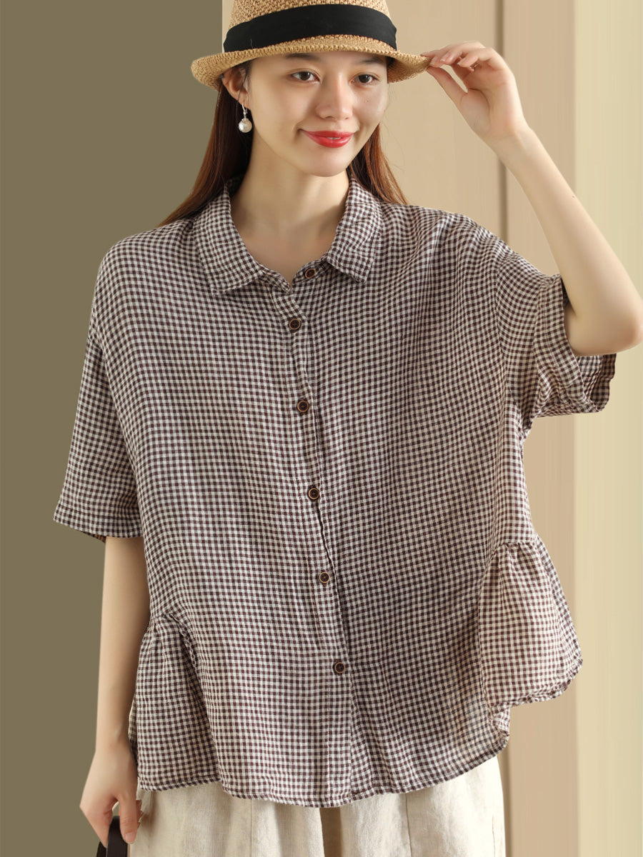 Plus Size Damen Sommer Casual Plaid Button Cardigan Leinenhemd