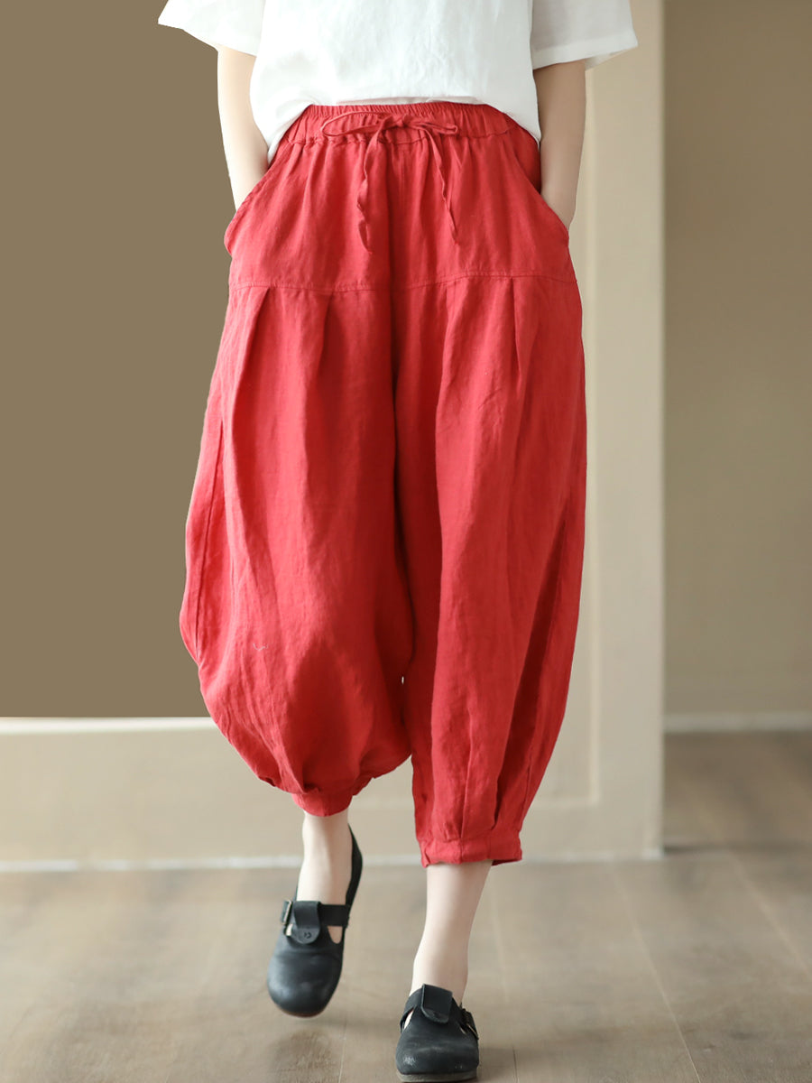 Plus Size Damen Sommer Einfarbige Haremshose mit Taschenfalten und Kordelzug
