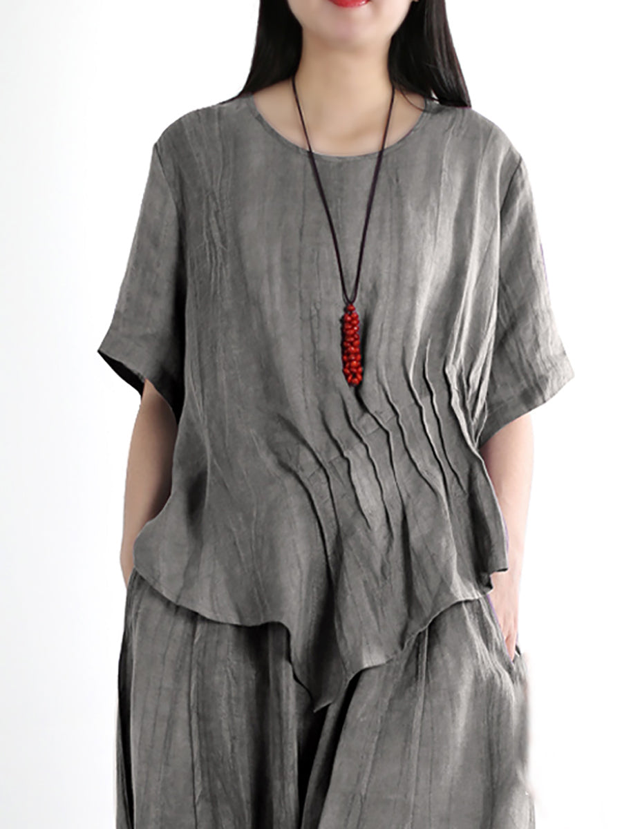 Plus Size Damen Vintage Festes Leinen Baumwollhemd+Hose