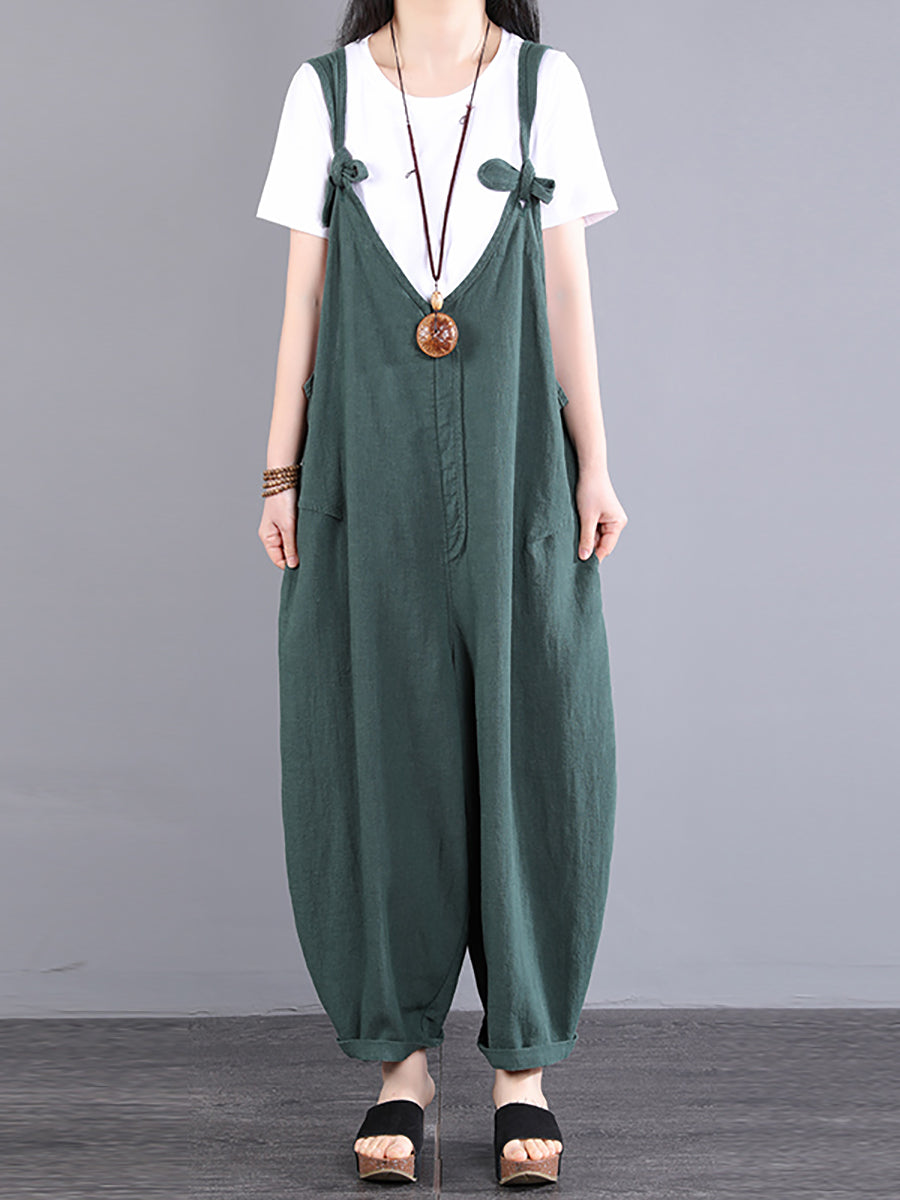 Übergröße Damen Vintage Knoten V-Ausschnitt Ramie Loose Jumpsuits