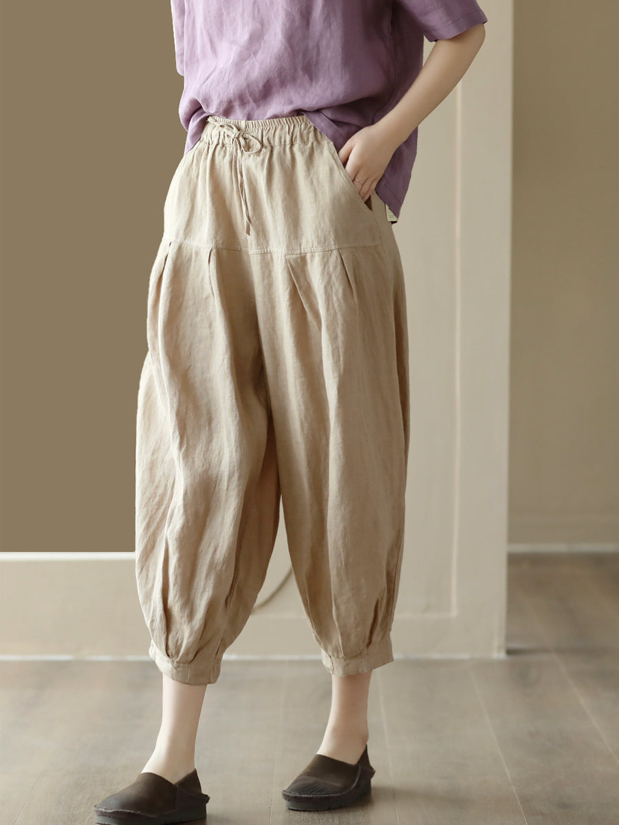 Plus Size Damen Sommer Einfarbige Haremshose mit Taschenfalten und Kordelzug
