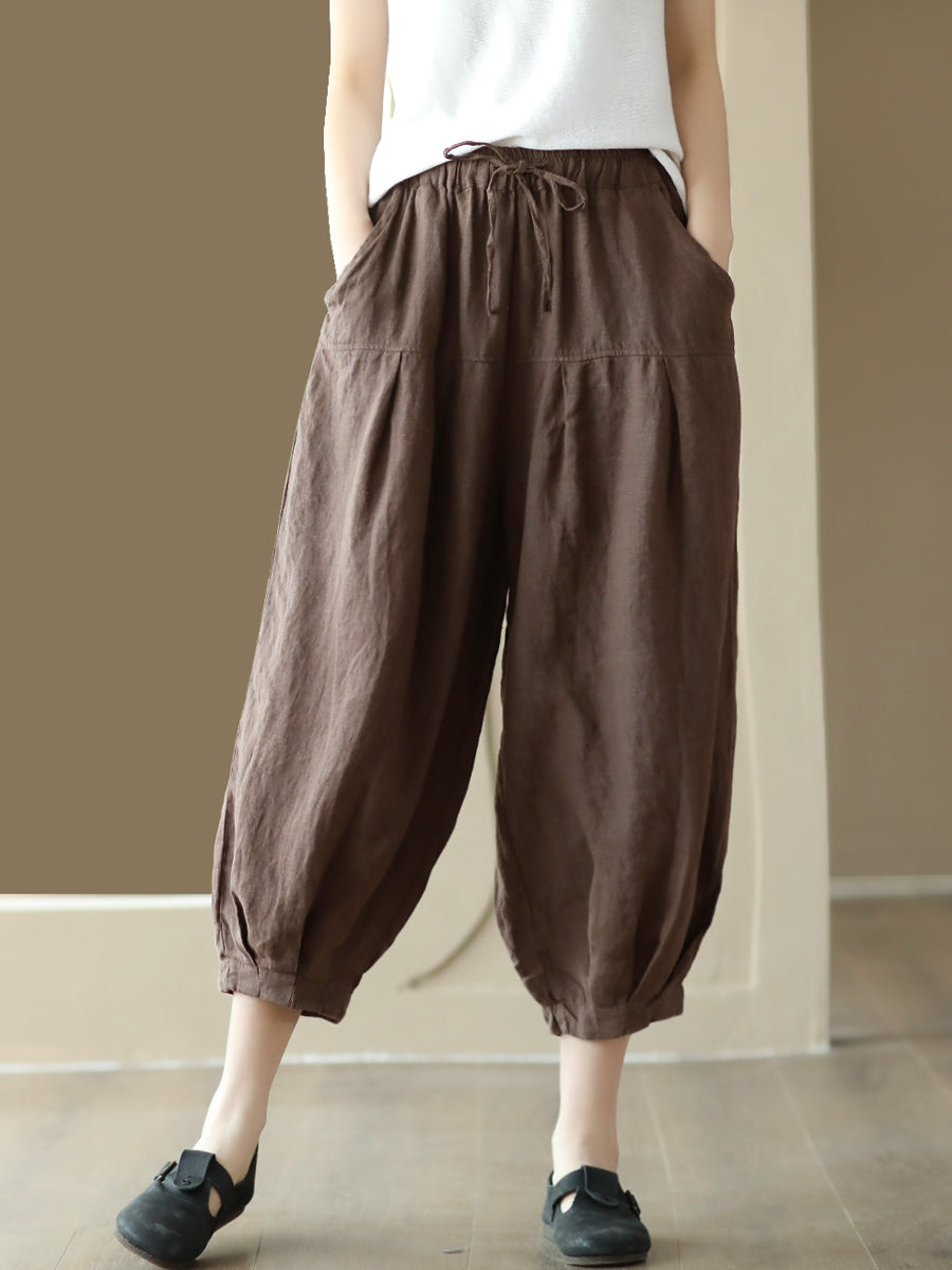 Plus Size Damen Sommer Einfarbige Haremshose mit Taschenfalten und Kordelzug