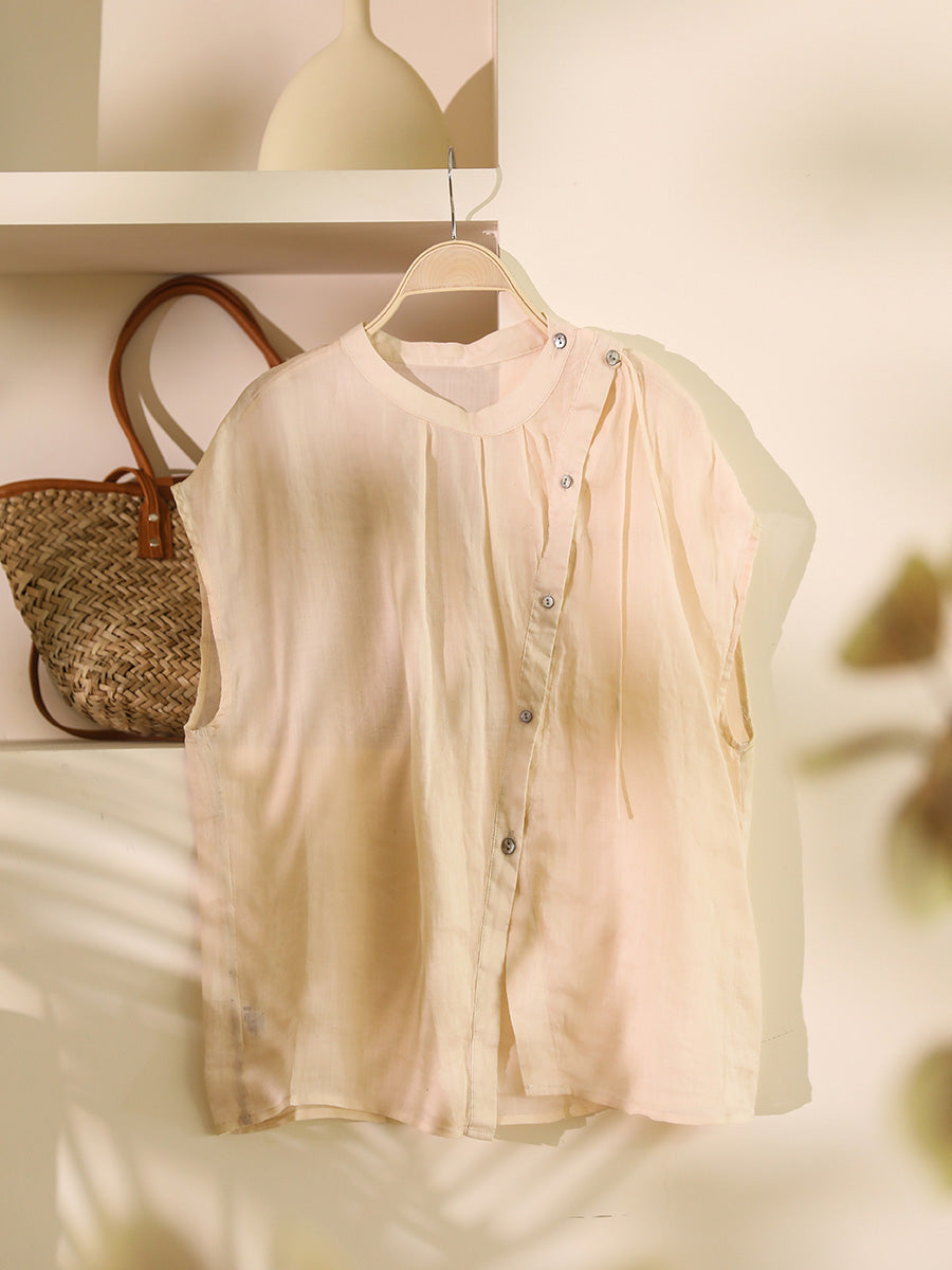 Übergröße Damen Vintage Sommer O-Ausschnitt Knopf Ramie Hemd