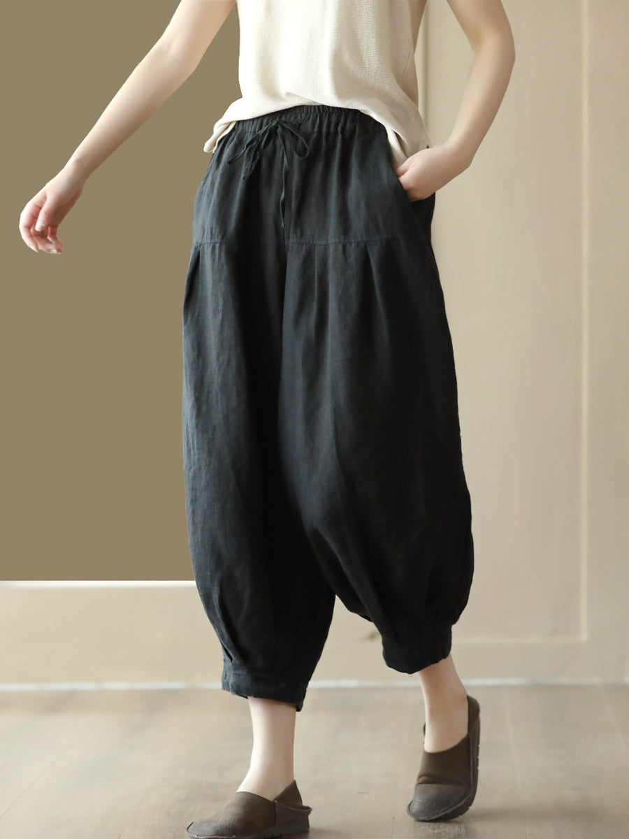 Plus Size Damen Sommer Einfarbige Haremshose mit Taschenfalten und Kordelzug