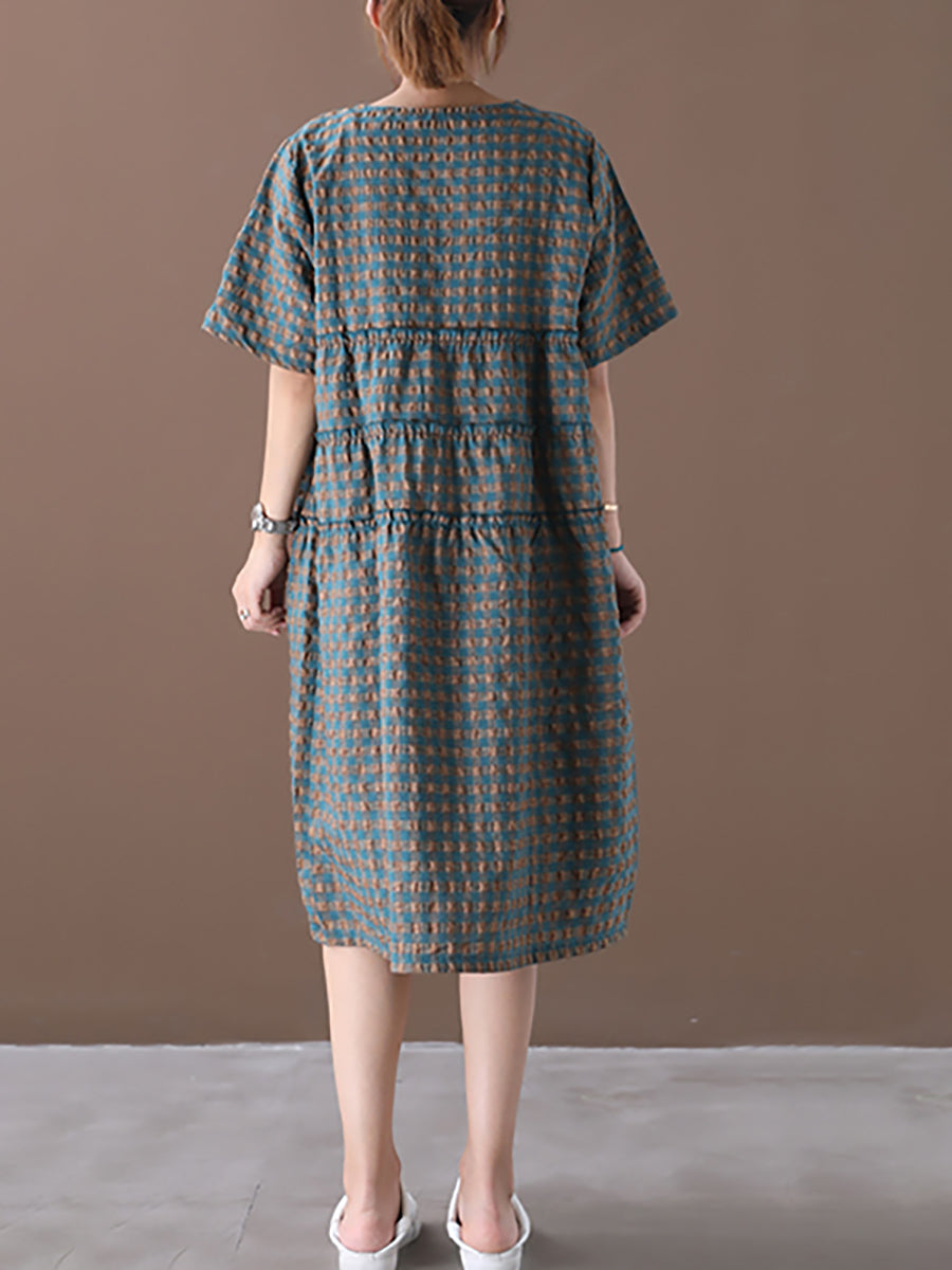 Sommerliches kariertes Rundhals-Midikleid aus Baumwollleinen in Übergröße