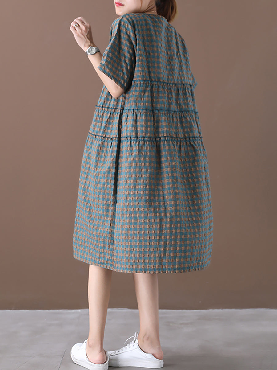 Sommerliches kariertes Rundhals-Midikleid aus Baumwollleinen in Übergröße