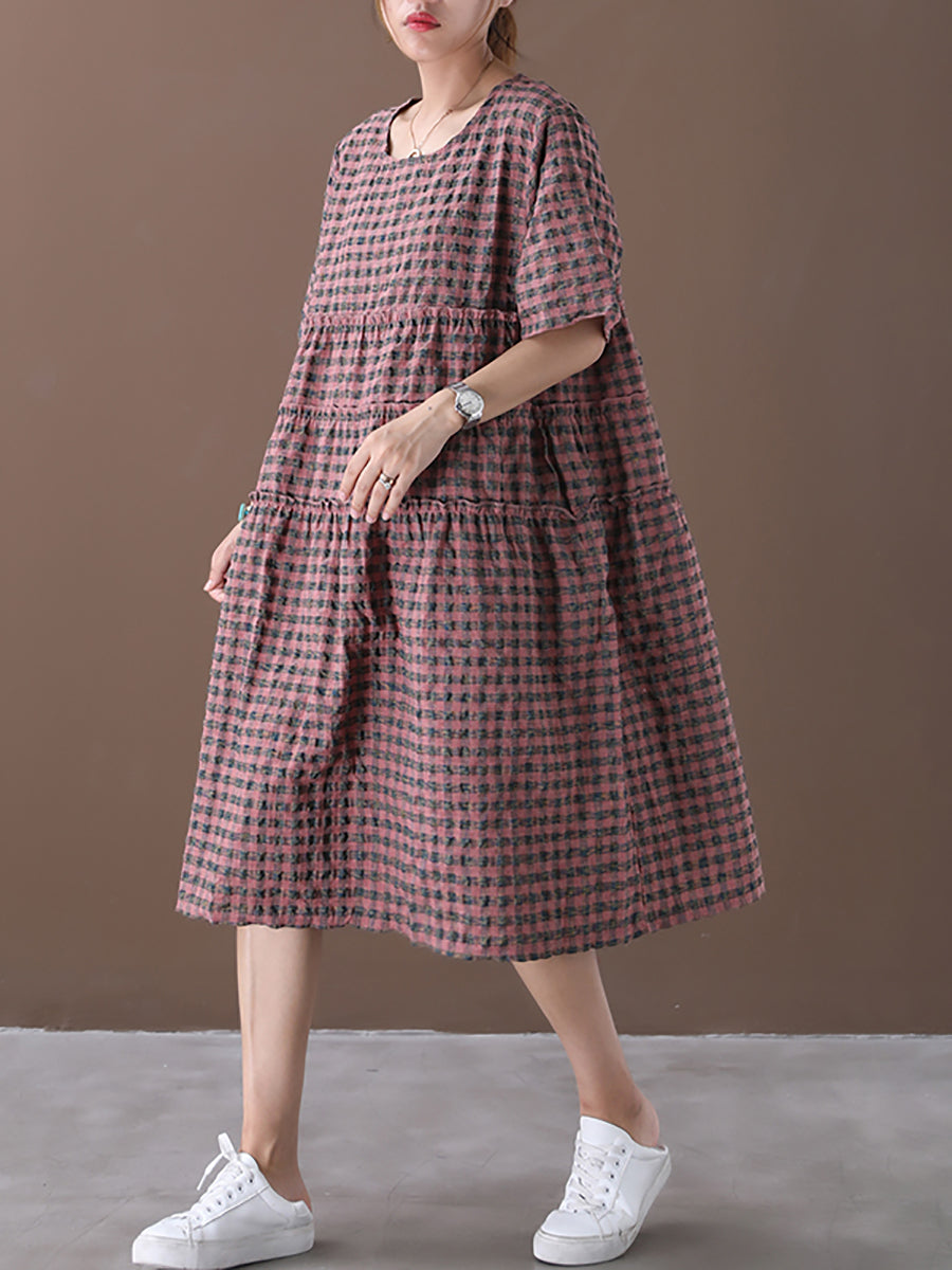 Sommerliches kariertes Rundhals-Midikleid aus Baumwollleinen in Übergröße