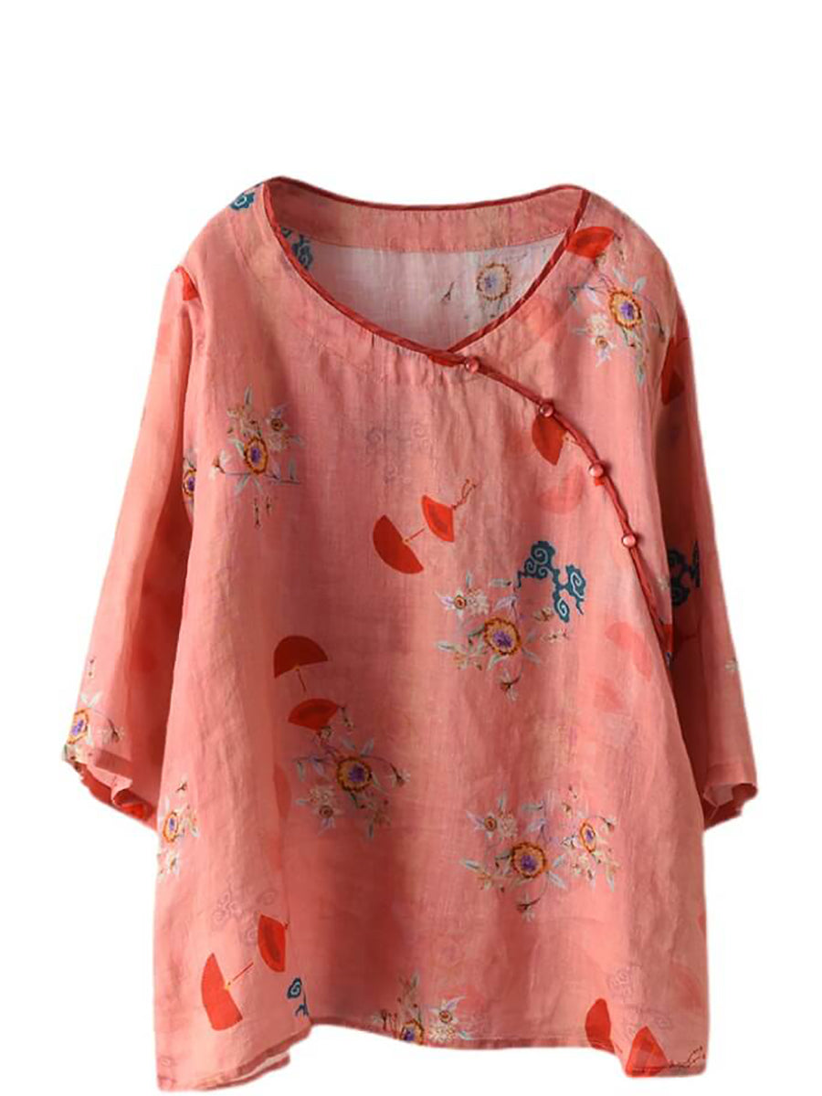 Plus Size Vintage Floral O-Ausschnitt Damen Ramie Shirt