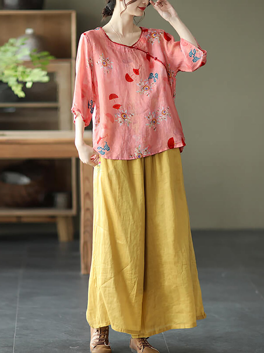 Plus Size Vintage Floral O-Ausschnitt Damen Ramie Shirt