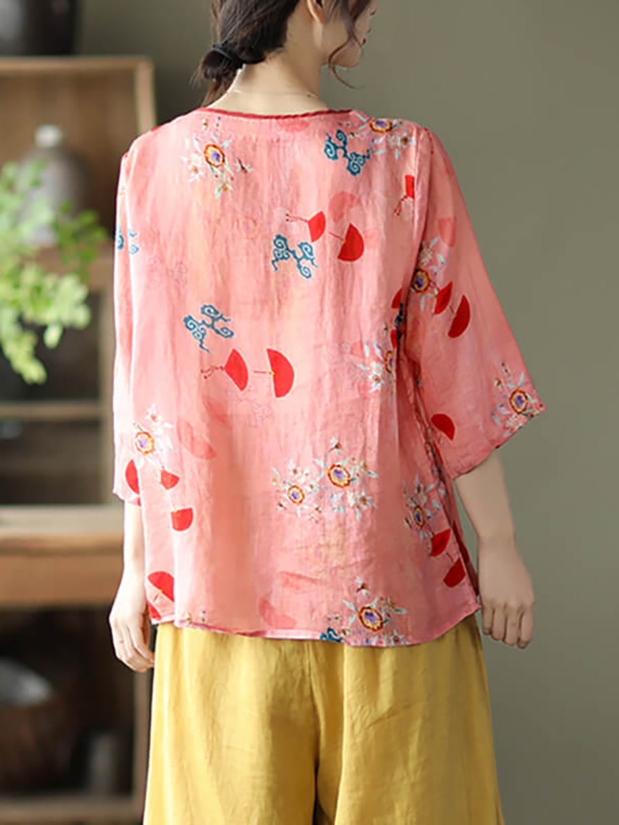 Plus Size Vintage Floral O-Ausschnitt Damen Ramie Shirt