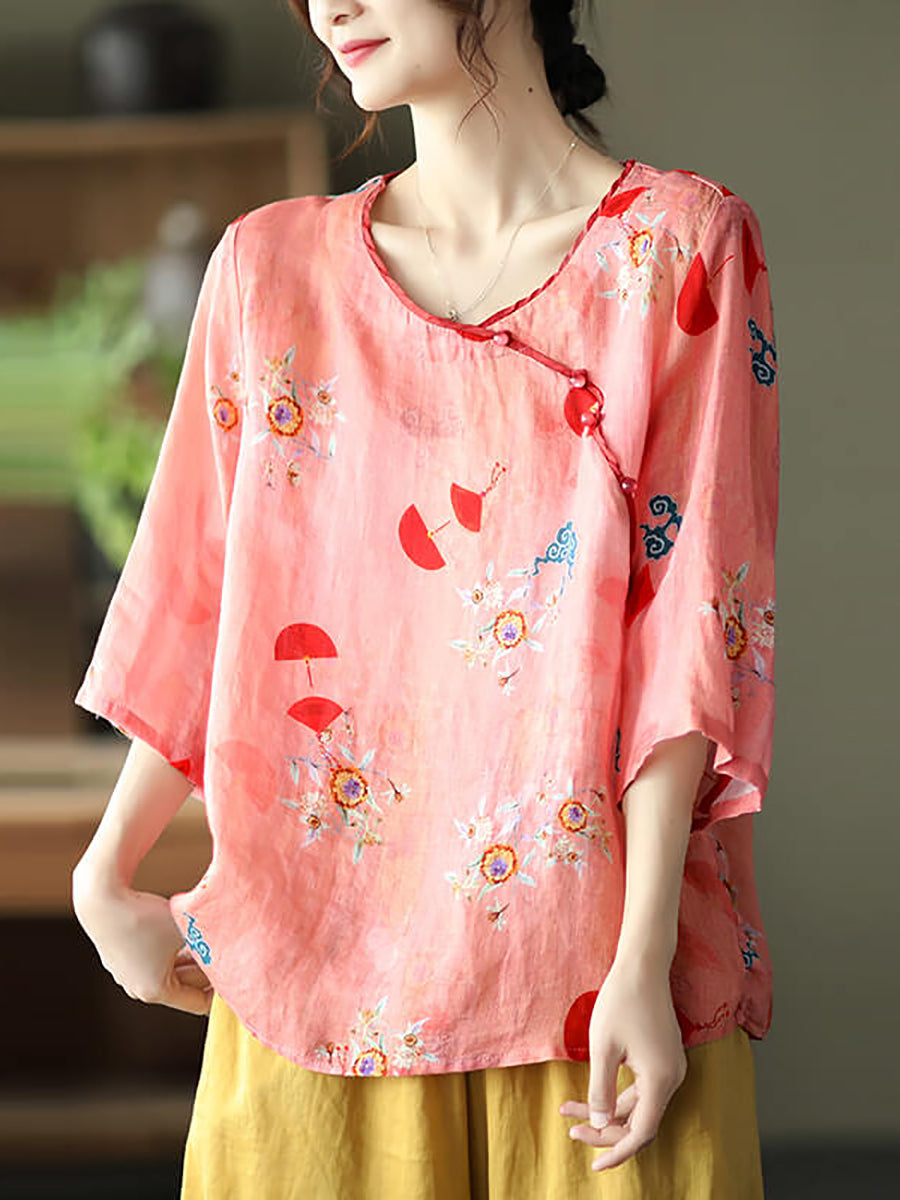 Plus Size Vintage Floral O-Ausschnitt Damen Ramie Shirt
