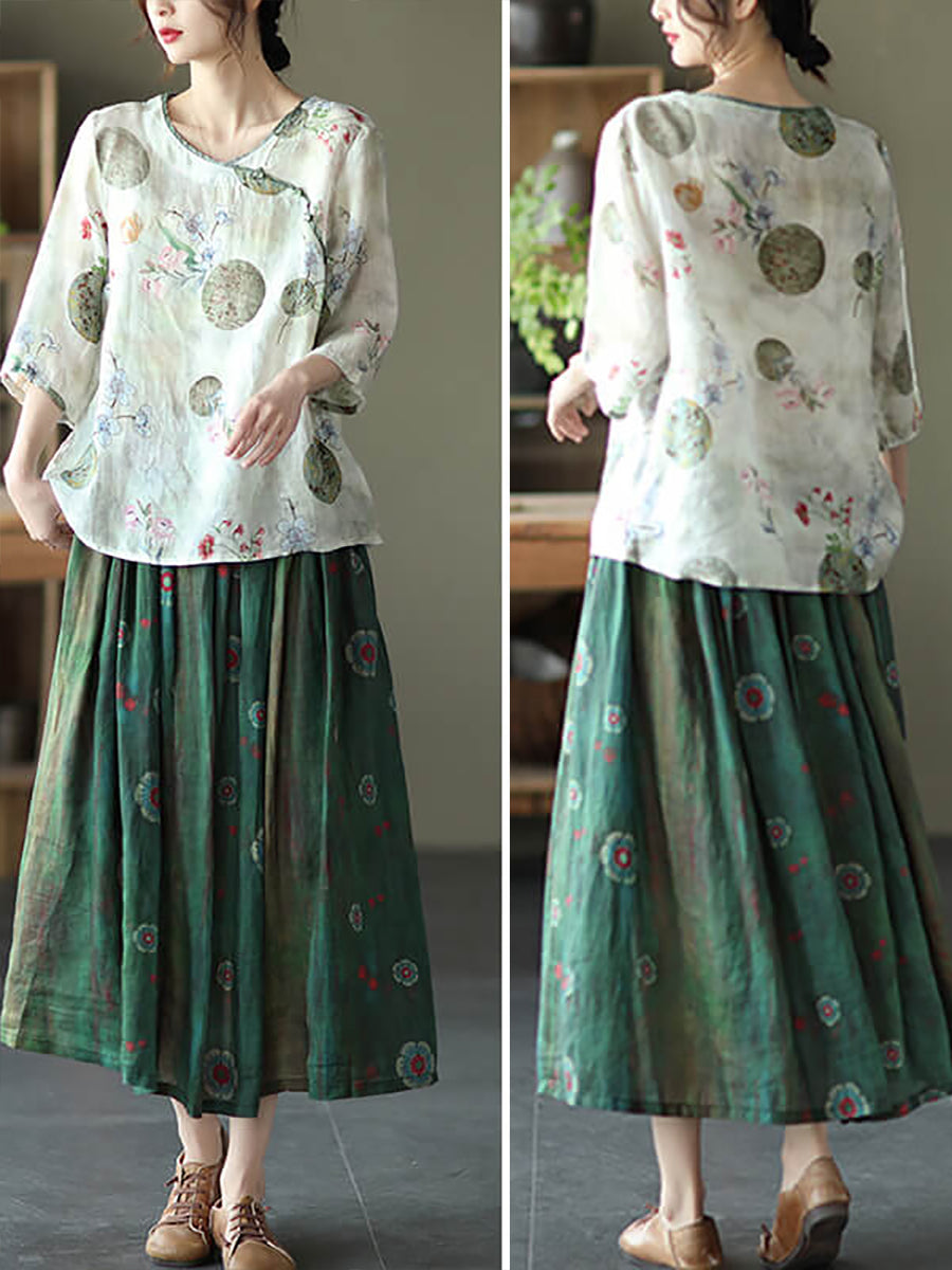 Plus Size Vintage Floral O-Ausschnitt Damen Ramie Shirt
