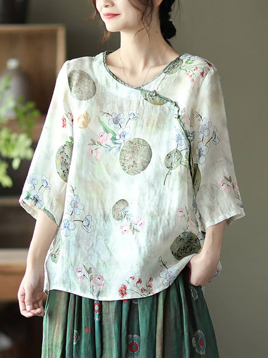 Plus Size Vintage Floral O-Ausschnitt Damen Ramie Shirt