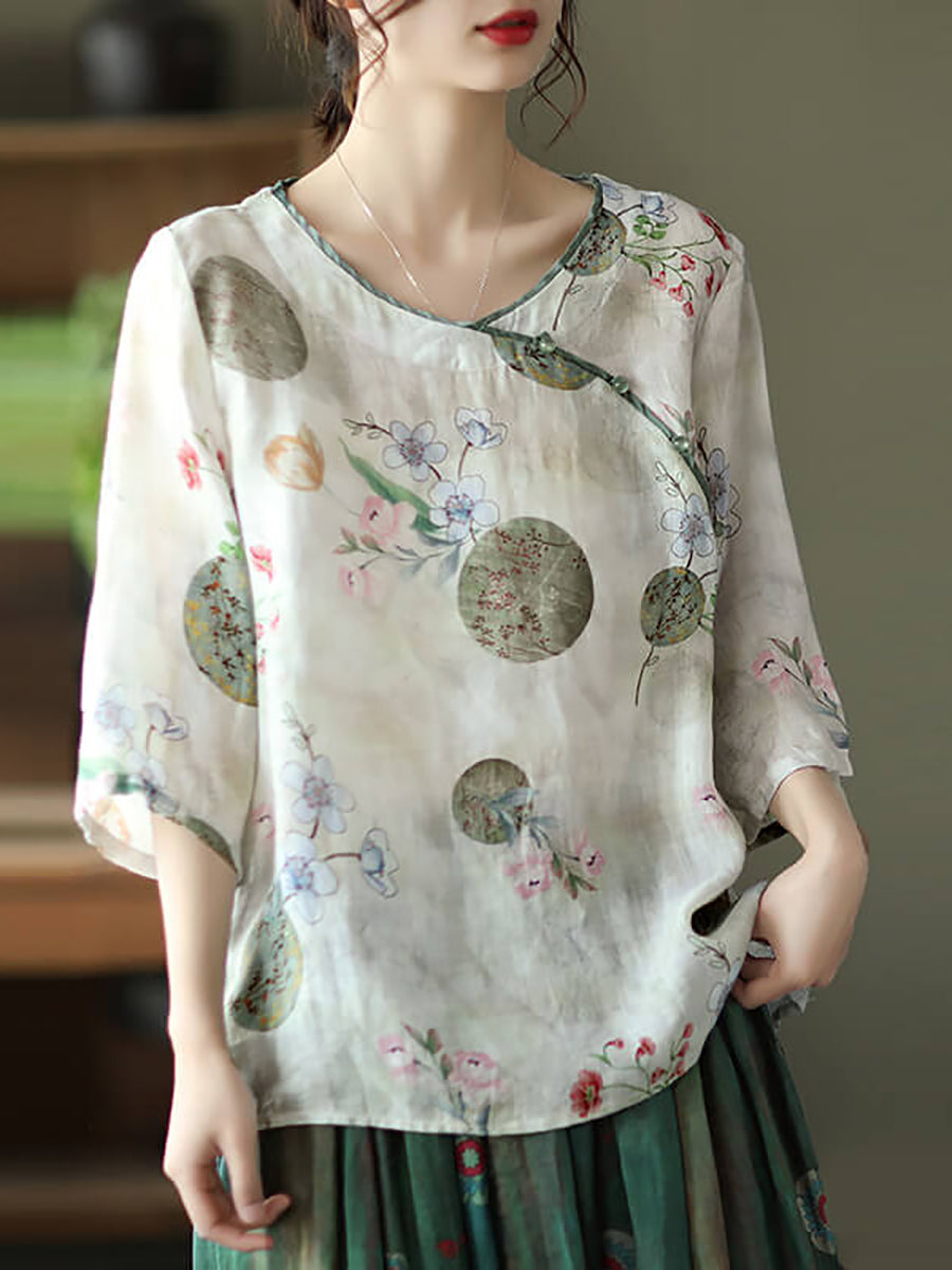 Plus Size Vintage Floral O-Ausschnitt Damen Ramie Shirt