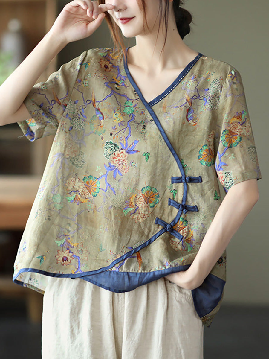 T-shirt en ramie à manches courtes et col en V avec coutures vintage grande taille