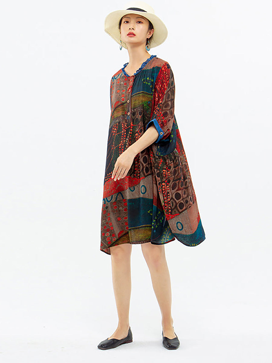 Übergröße - Vintage Damen mittellanges Hemdblusenkleid mit Blumenmuster