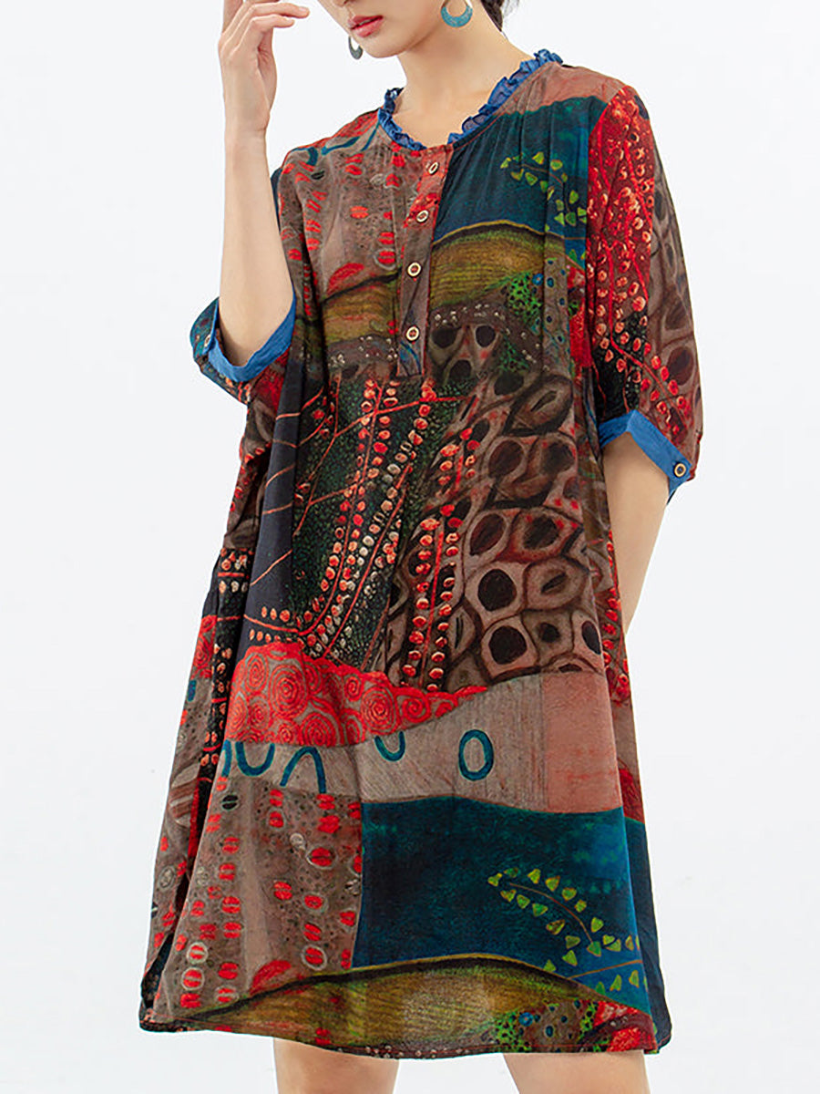 Übergröße - Vintage Damen mittellanges Hemdblusenkleid mit Blumenmuster