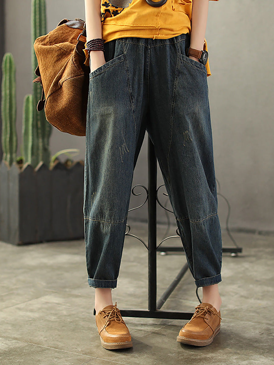 Große Größen Vintage Lockere Jeans mit elastischer Taille und gespleißtem Distressed-Denim