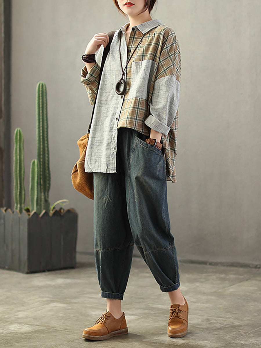 Große Größen Vintage Lockere Jeans mit elastischer Taille und gespleißtem Distressed-Denim